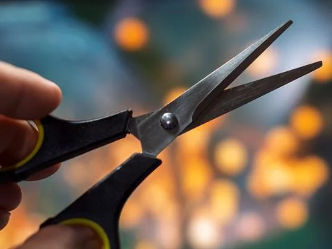 Sharp Precision Scissors Held Against Blurred Background 스톡 사진