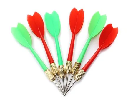 Sharp red and green darts isolated on white, top view Stock Photos