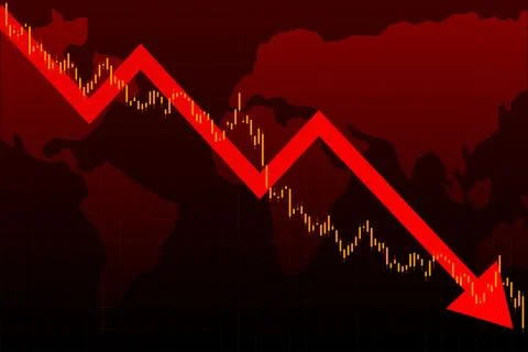 Sharp red trend with yellow candles over world map dramatically dives Illustrazione stock