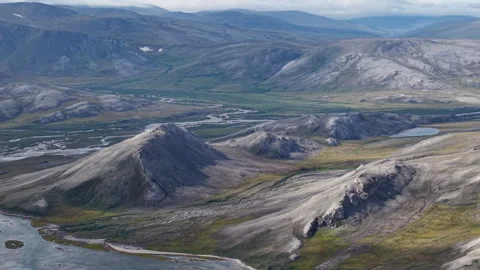 Sharp ridge and braided channel panorama near Lavrentiya Bay Chukotka Russia Stock Footage 327122495