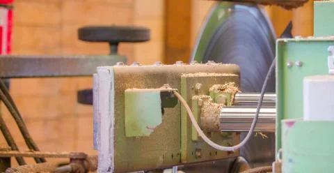 Sharp rolling cutting machine on the sawmill factory 库存照片