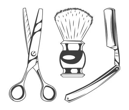 Sharp scissors for cutting hair, shaving brush for beard, sharp razor blade Stockillustratie