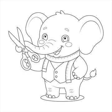 Sharp sewing scissors and a measuring tape held by a cute baby elephant tailo Stock Illustration