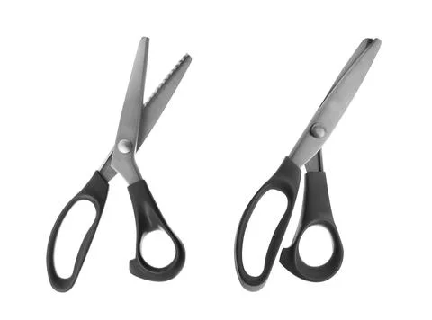 Sharp sewing scissors on white background, top view Stock Photos