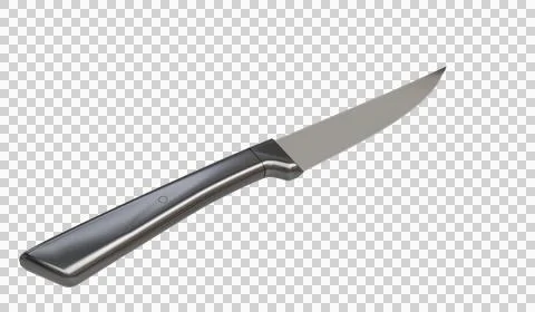 A sharp, silver-bladed utility knife with a dark, ergonomic handle lies Stock Photos