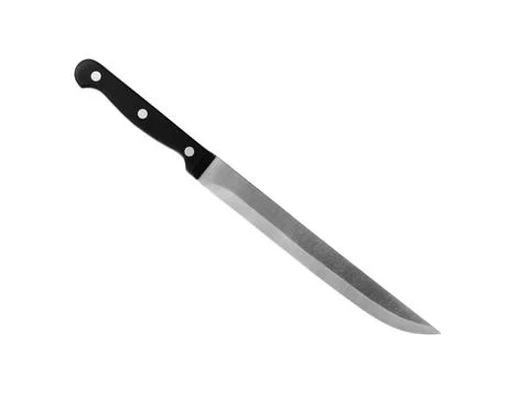 Sharp slicing knife with black handle isolated on white Stock Photos