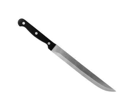 Sharp slicing knife with black handle isolated on white Stock Photos