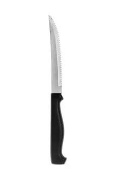 A sharp steak knife isolated on a white background with a black plastic handl Stock Photos