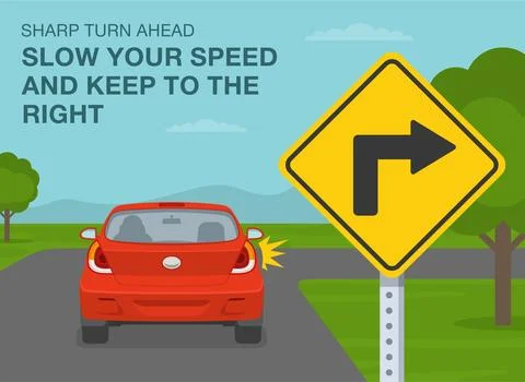"Sharp turn" ahead, slow your speed and keep to the right. Red car is turning. Stock Illustration