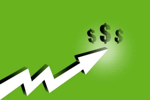 Sharp upward arrow moves toward dollar symbols across green halftone texture. Stock Illustration
