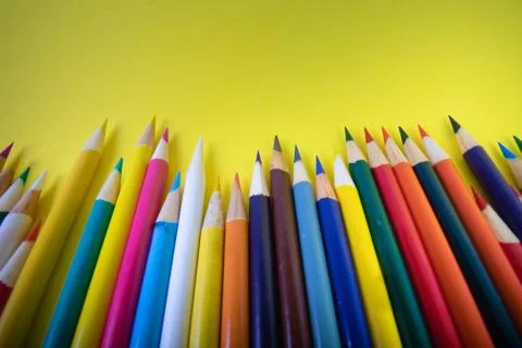 Sharpened tips of assorted different colored art pencils Stock Photos