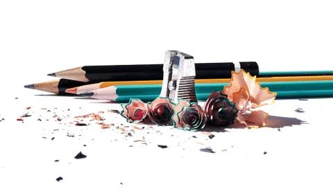 Sharpener and pencils Stock Photos
