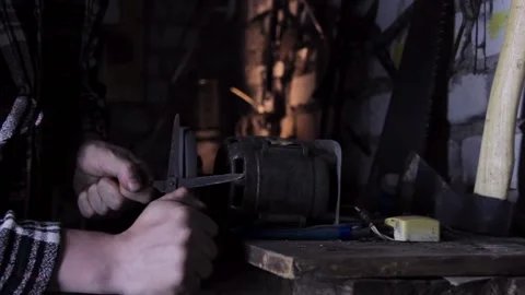 Sharpening old scissors close-up with bright sparks Stock Footage 135654992