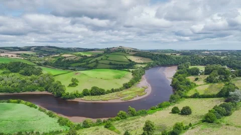 Sharpham Meadows and Marsh over River Dart from a drone, Totnes, Devon, England Stockbeeldmateriaal 246647791