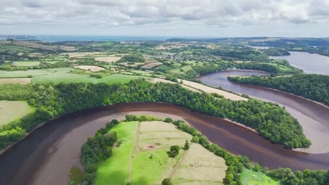 Sharpham Meadows and Marsh over River Dart from a drone, Totnes, Devon, England Stock-Footage 246647812