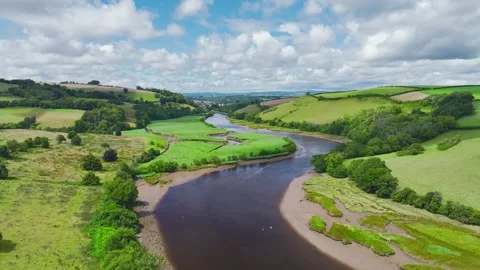 Sharpham Meadows and Marsh over River Dart from a drone, Totnes, Devon, England Stock-Footage 246683675