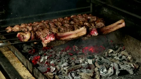 Shashlik grill over coals Stock Footage 59186003
