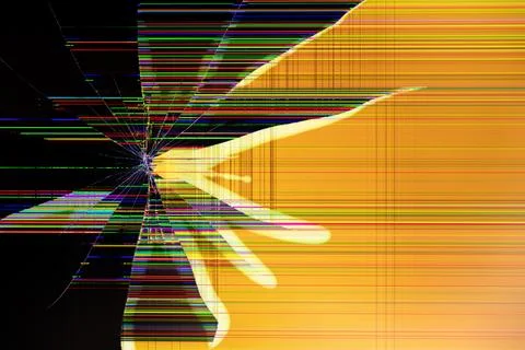 Shattered digital screen background with an abstract yellow glowing hand an.. 스톡 사진