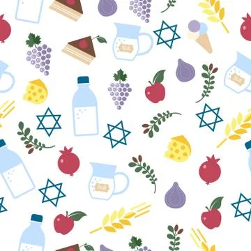 Shavuot seamless pattern. Vector illustration on blue. 库存插图