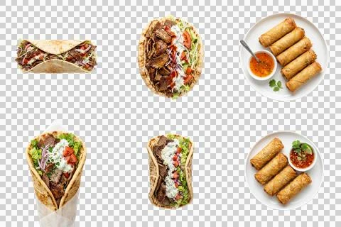 Shawarma and spring rolls with dipping sauces on a transparent background. Фото
