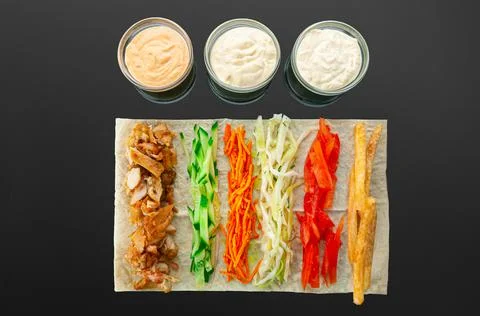 Shawarma ingredients. On a thin flat cake: grilled meat, cucumber, carrots, c Stock Photos