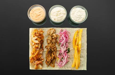 Shawarma ingredients. On a thin flatbread: grilled meat, pickled onions, mush Stock Photos