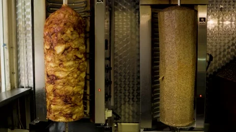 Shawarma Meat Rotating On Vertical Spit In London Takeaway Stock Footage 337356896