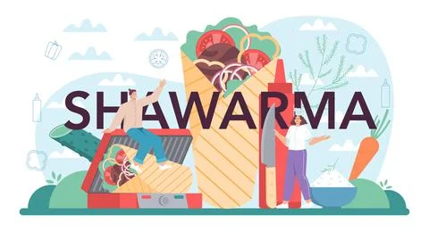 Shawarma typographic header. Chef cooking delicious street food Stock Illustration