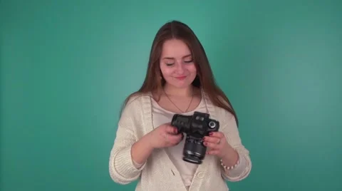 She enjoys buying the camera. It makes the first photo Stock Footage 61074127