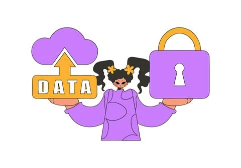 She has a cloud storage equipped with a padlock. Stock Illustration