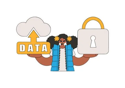 She has cloud storage guarded with a padlock. Stock Illustration