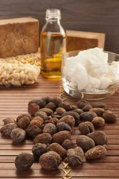 Shea nuts on a natural background Stock Photos