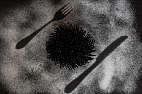 Sheaf of black spaghetti on background with fork and knife silhouette made wi Stock Photos