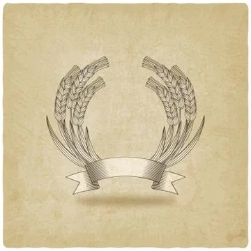 Sheaf of wheat with ribbon old background Stock Illustration