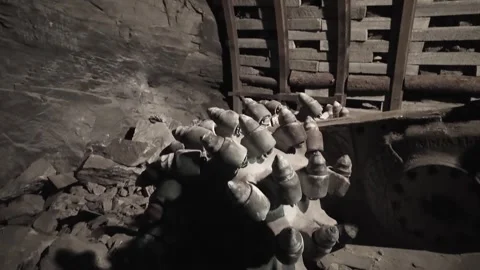 Shearer drill head used in mining industry to excavate coal in an undergrou.. Stock Footage 319408899