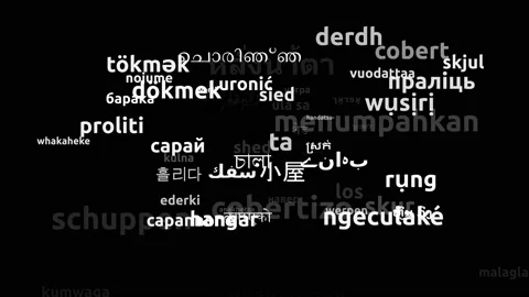 Shed Translated in 68 Worldwide Languages Endless Looping 3d Zooming Wordclou Video stock 145198357