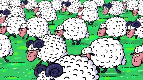Sheep and a few rams white cartoon characters herd walking in the meadow Stock Footage 193596942