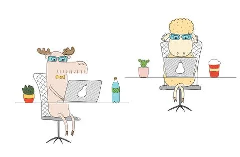 Sheep and moose working in an office Illustrazione stock