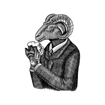 Sheep character. Ovis or mutton with beer. Fashionable animal, vitorian Stock Illustration