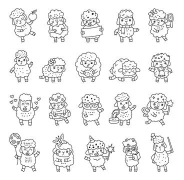 Sheep character set in outline line Illustrazione stock