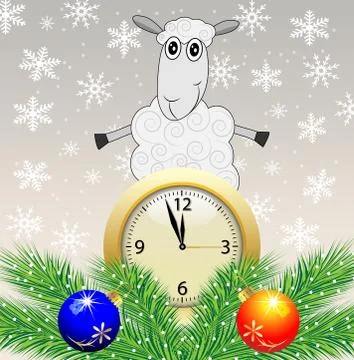 Sheep, clock and green branches with toys Stock Illustration