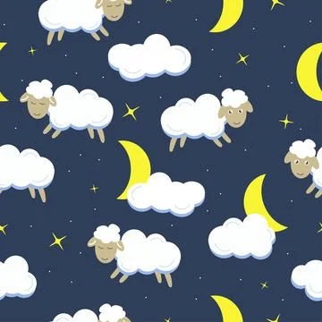 Sheep, crescent, cloud and star on dark blue Stock Illustration