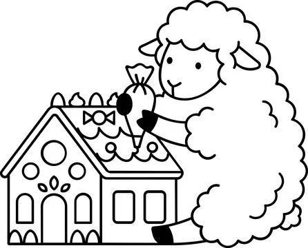 Sheep decorating gingerbread house line art icon Stock Illustration