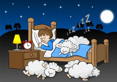 Sheep fall asleep on the bed of a sleeping man Stock Illustration