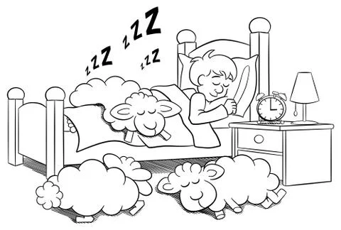Sheep fall asleep on the bed of a sleeping man Stock Illustration