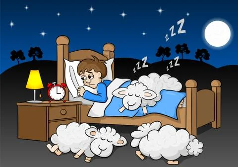 Sheep fall asleep on the bed of a sleepless man Stock Illustration