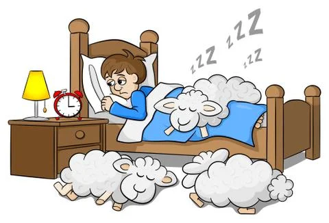 Sheep fall asleep on the bed of a sleepless man Stock Illustration