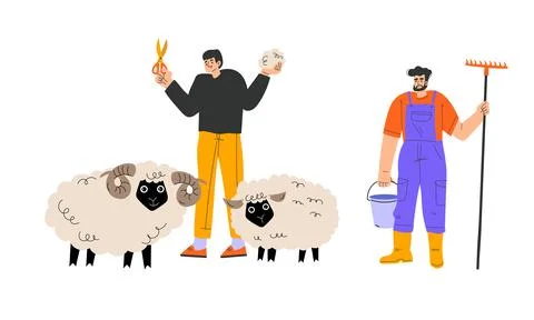 Sheep Farming Experts Dedicatedly Working with Their Herd, Tools, and Techniques Stock Illustration