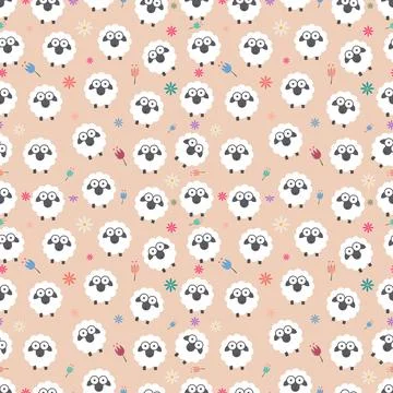 Sheep with flowers on the field, seamless pattern Stock Illustration