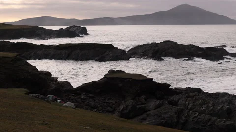 Sheep Grazing on a Grassy Cliff's Edge. Achill Island, Ireland. Stock Footage 239496119